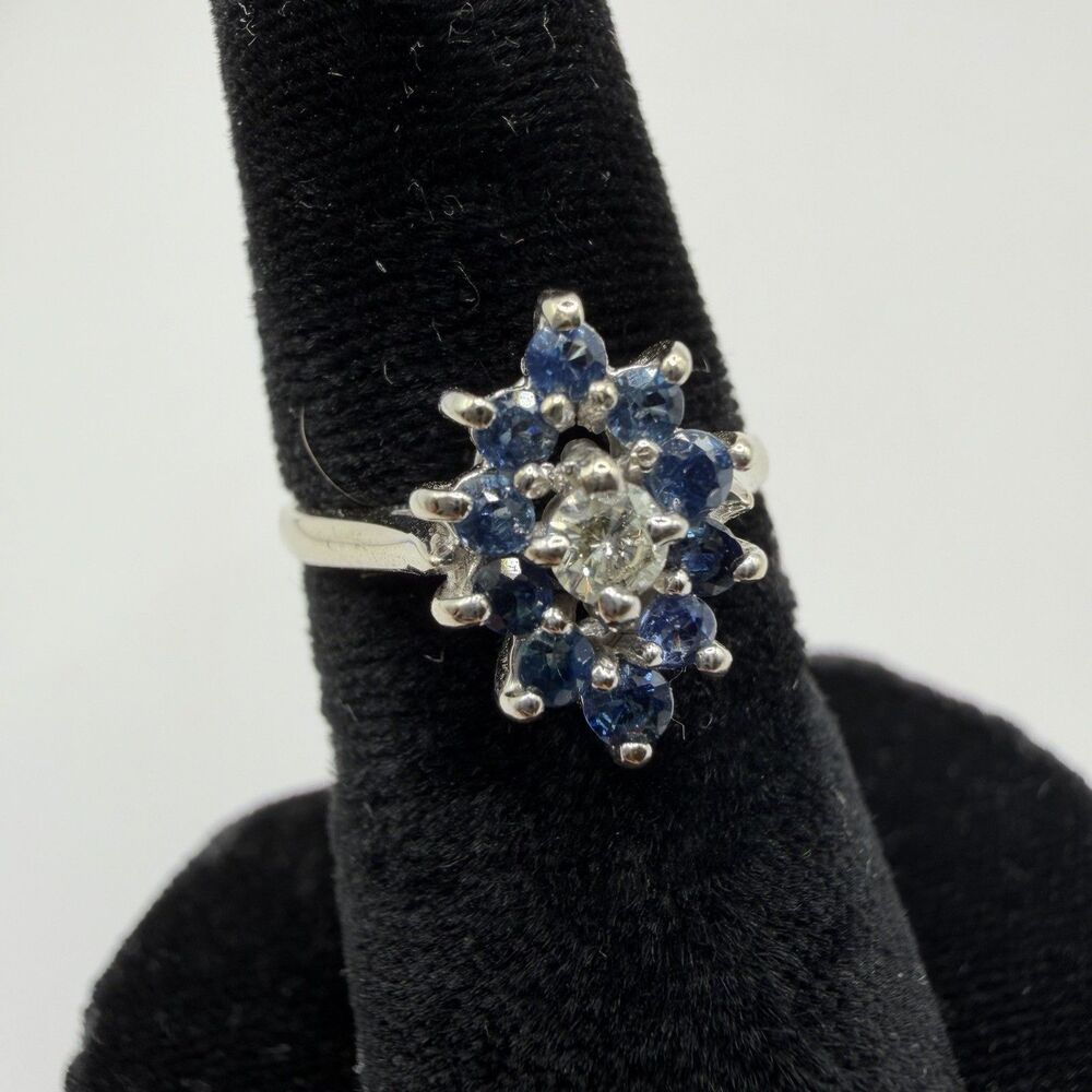 14K White Gold Blue Sapphire & Diamond Cluster Ring 0.30 CTW Size 5.5 Estate